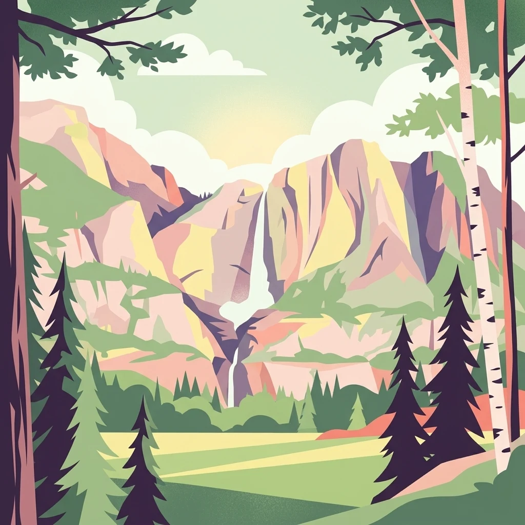 A flat-style digital illustration of a valley landscape featuring a steep mountain range with a cascading waterfall in the center, framed by silhouetted pine and birch trees in the foreground and a grassy meadow at the base.