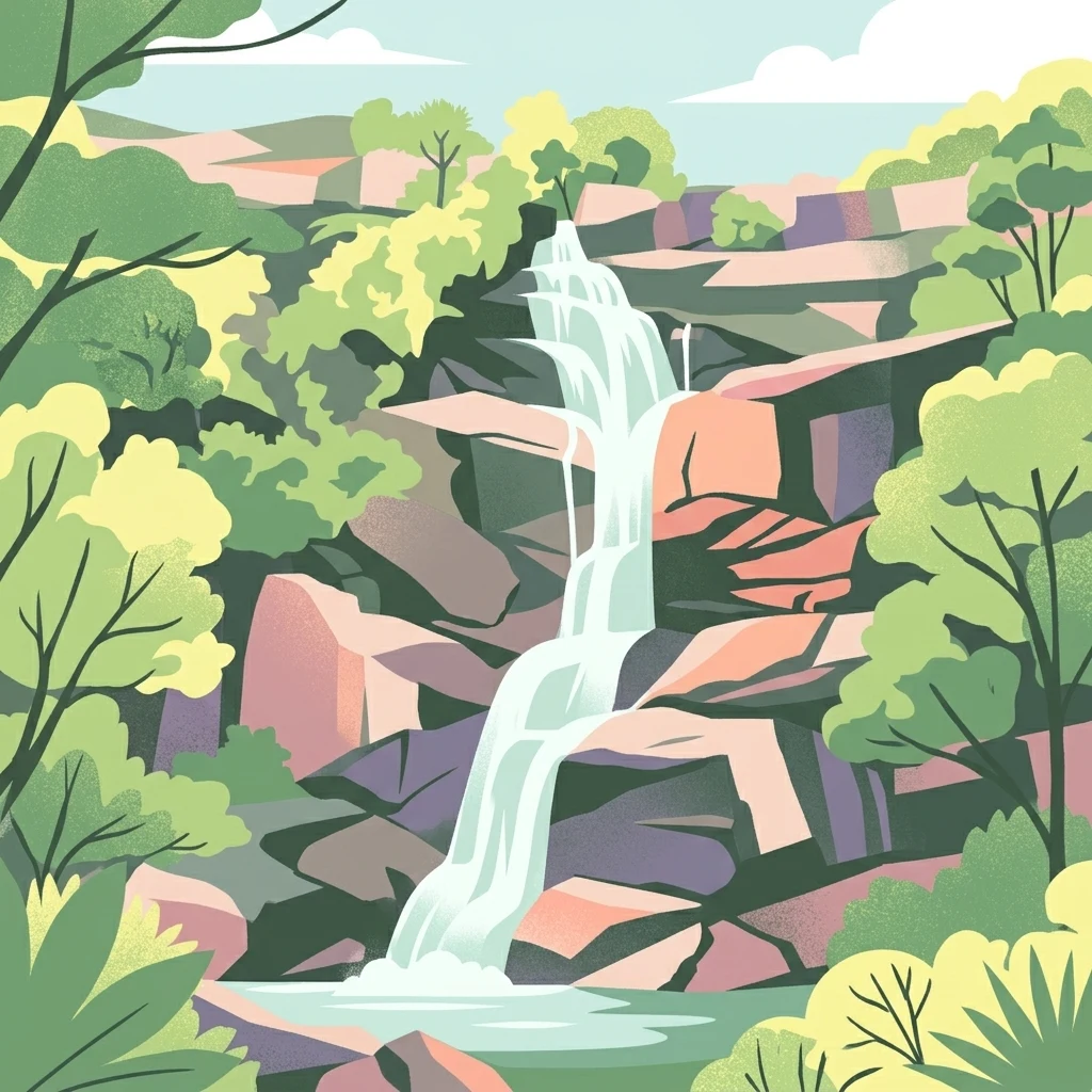 Waterfall flowing over rocky cliffs surrounded by dense green trees and foliage