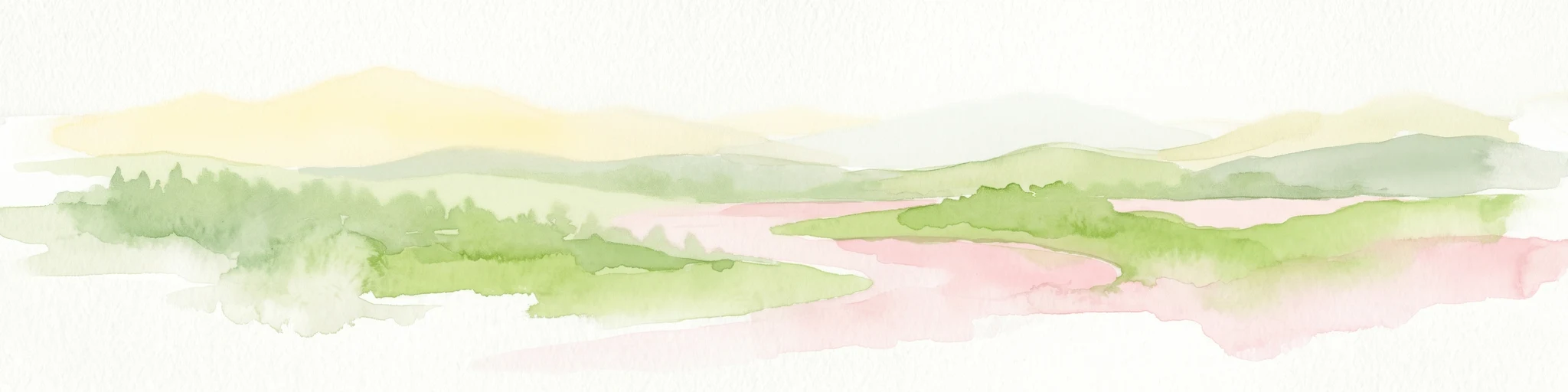 Ilustración de acuarela de un paisaje con colinas verdes, un río sinuoso y tonos suaves de rosa y amarillo