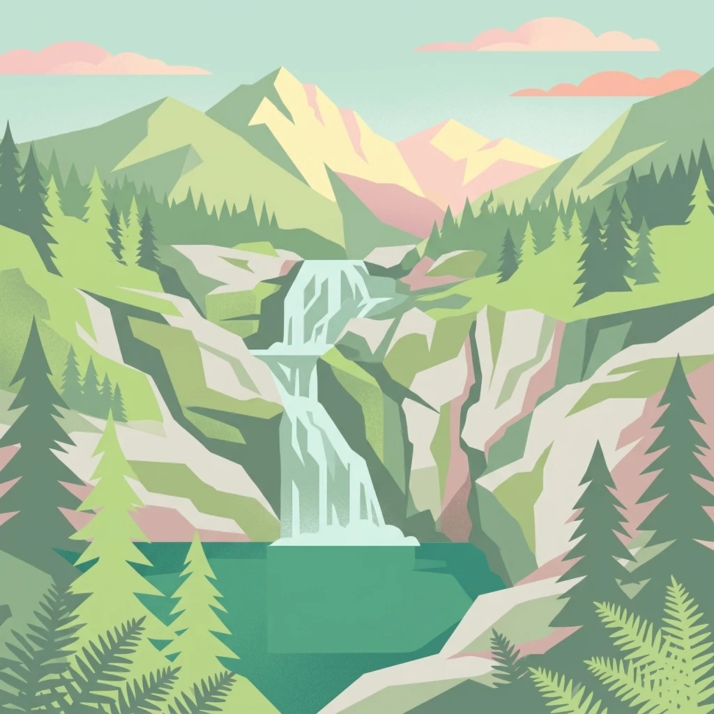 Una ilustración digital que presenta una cascada de varios niveles que cae por una ladera rocosa hacia una piscina verde, enmarcada por árboles coníferos y helechos.