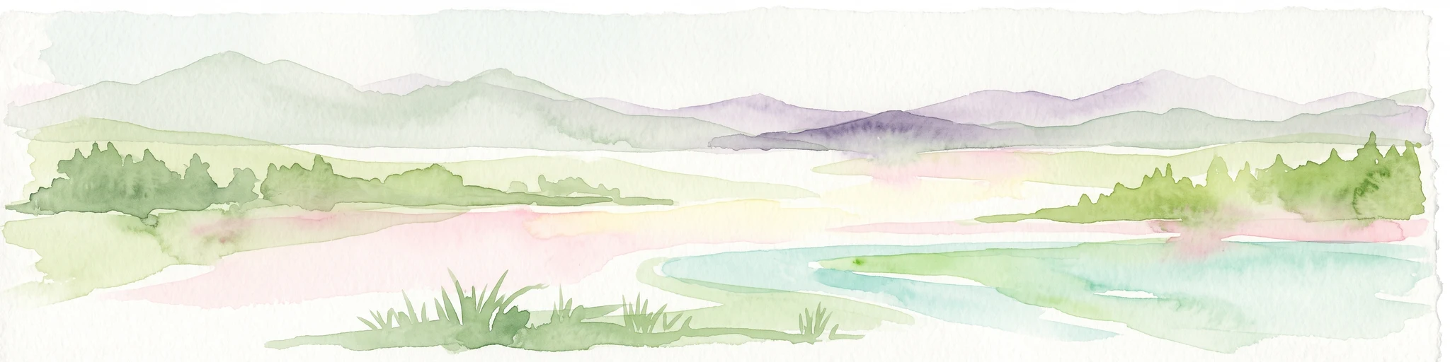Una pintura en acuarela que muestra un paisaje suave y brumoso de un lago con un bosque verde a lo largo de la orilla y montañas púrpuras distantes bajo un cielo pálido.