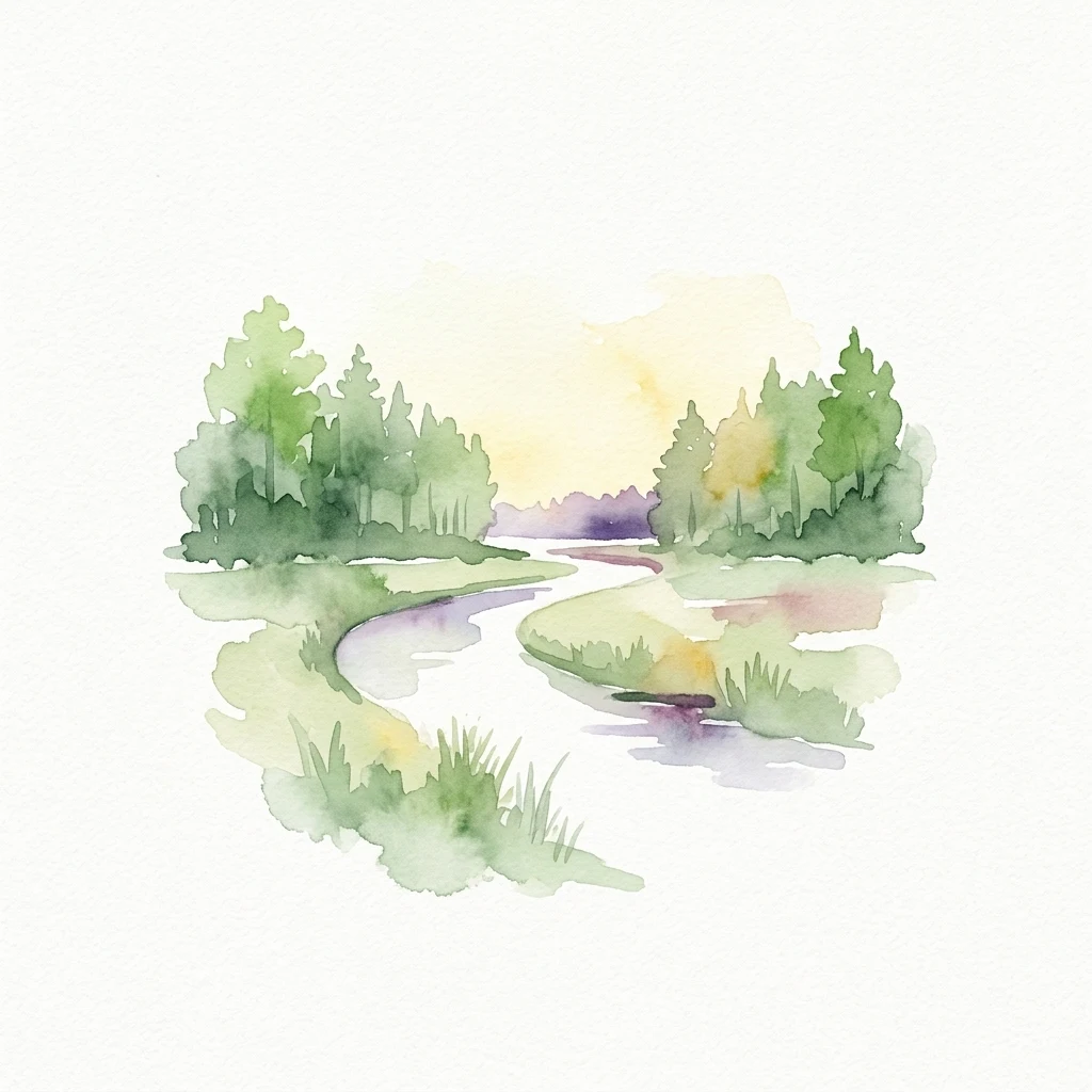 Watercolor illustration showing a winding stream through marshland with trees and grass under a yellow sky