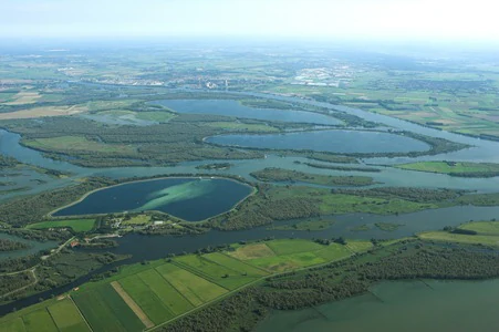 Aerial view of interconnected waterways and reservoirs surrounded by green fields and forests