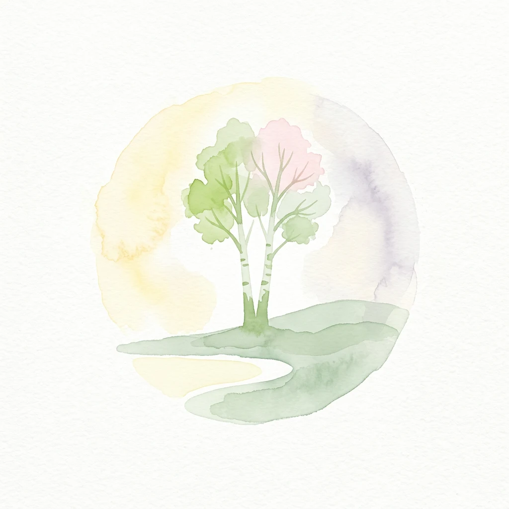Watercolor illustration of three trees on a green hill with a circular background in yellow, pink, and purple