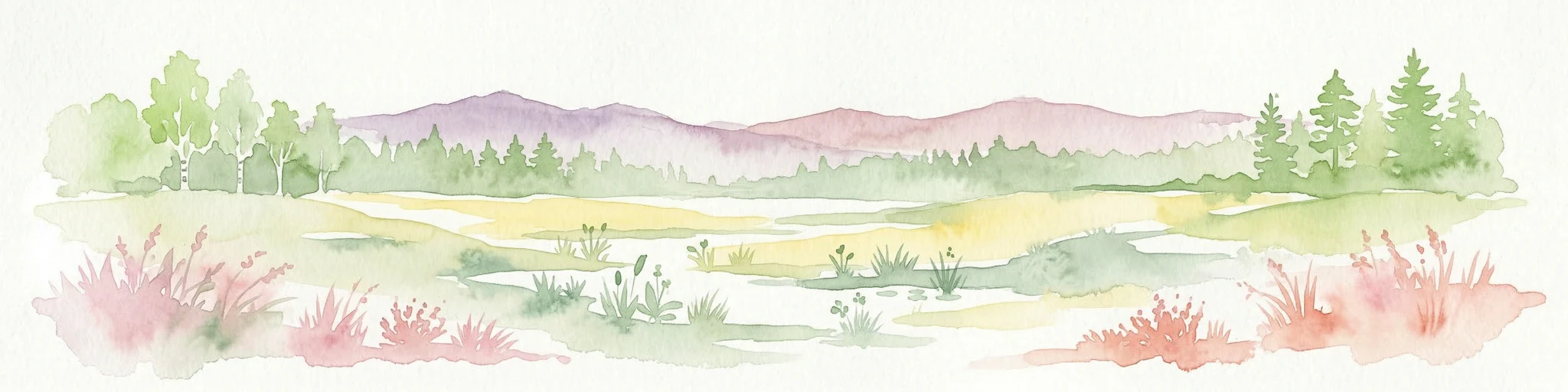 Pintura de acuarela de un ecosistema de turberas con árboles verdes, vegetación rosa y amarilla, un cuerpo de agua y montañas distantes