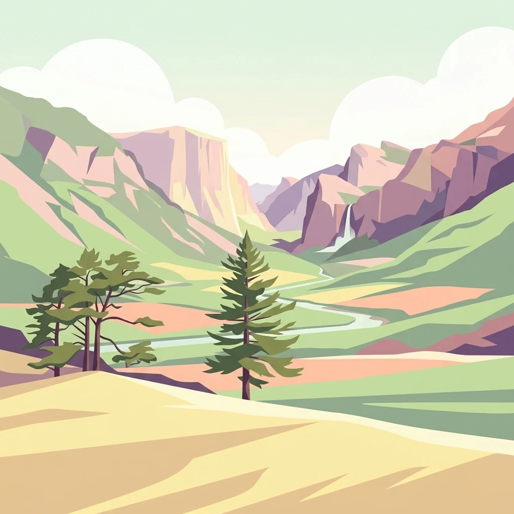 Ilustración digital de un valle escénico con laderas montañosas, un río serpenteante y árboles coníferos en un estilo plano y estilizado.