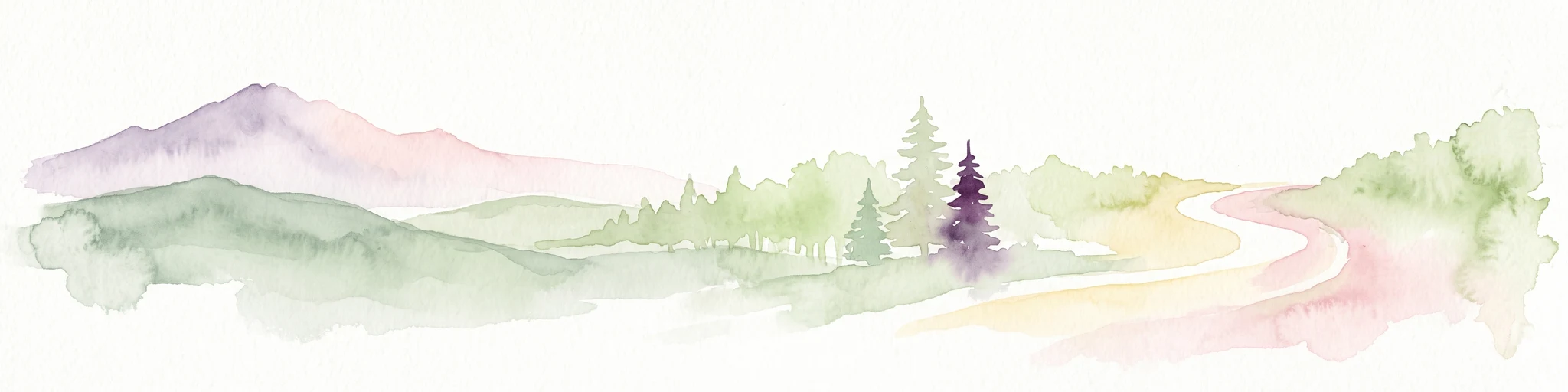 Watercolor painting of a stylized landscape featuring soft green hills, a small cluster of pine trees, and a winding path against a white background.