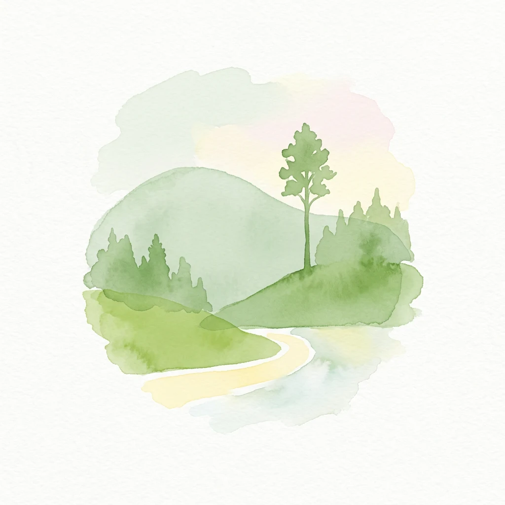 Watercolor illustration of a winding path through rolling green hills with a single tree and forest in the background