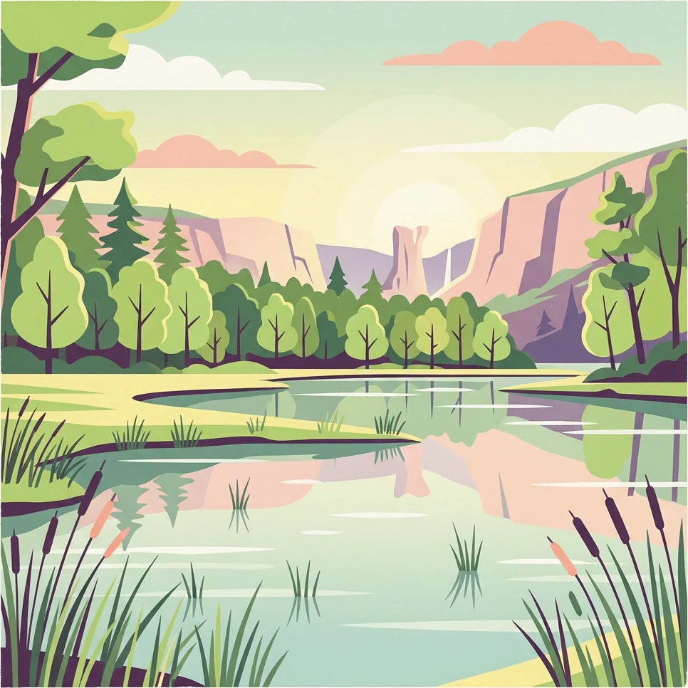 Ilustración estilizada de un lago rodeado de árboles y acantilados bajo un cielo parcialmente nublado