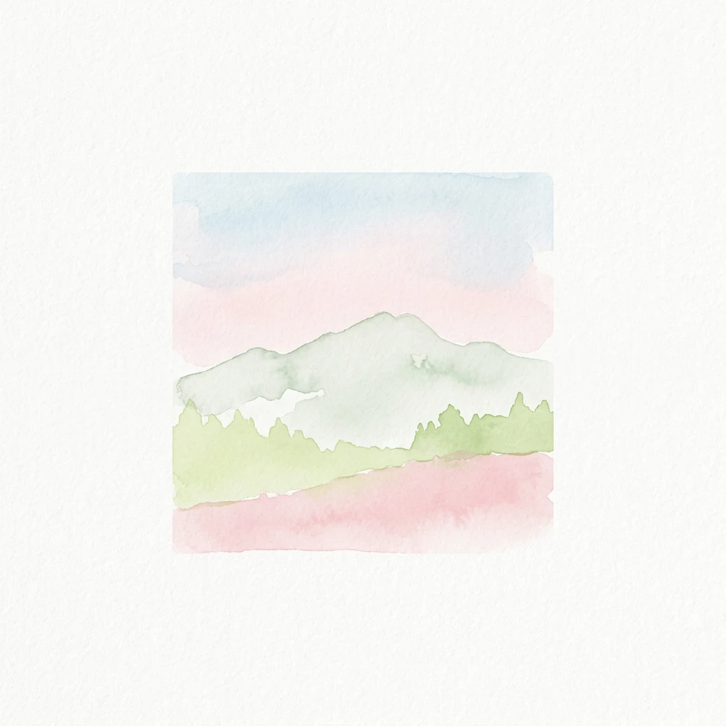 Watercolor painting of a mountain landscape with green hills and pink and blue sky