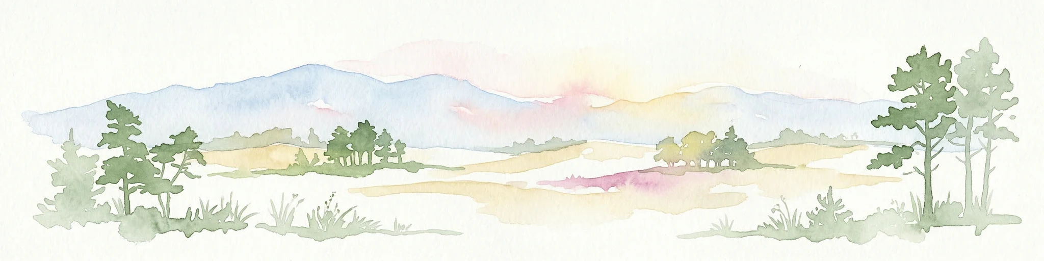 Ilustración en acuarela que muestra dunas de arena, árboles dispersos, montañas distantes y un cielo suave