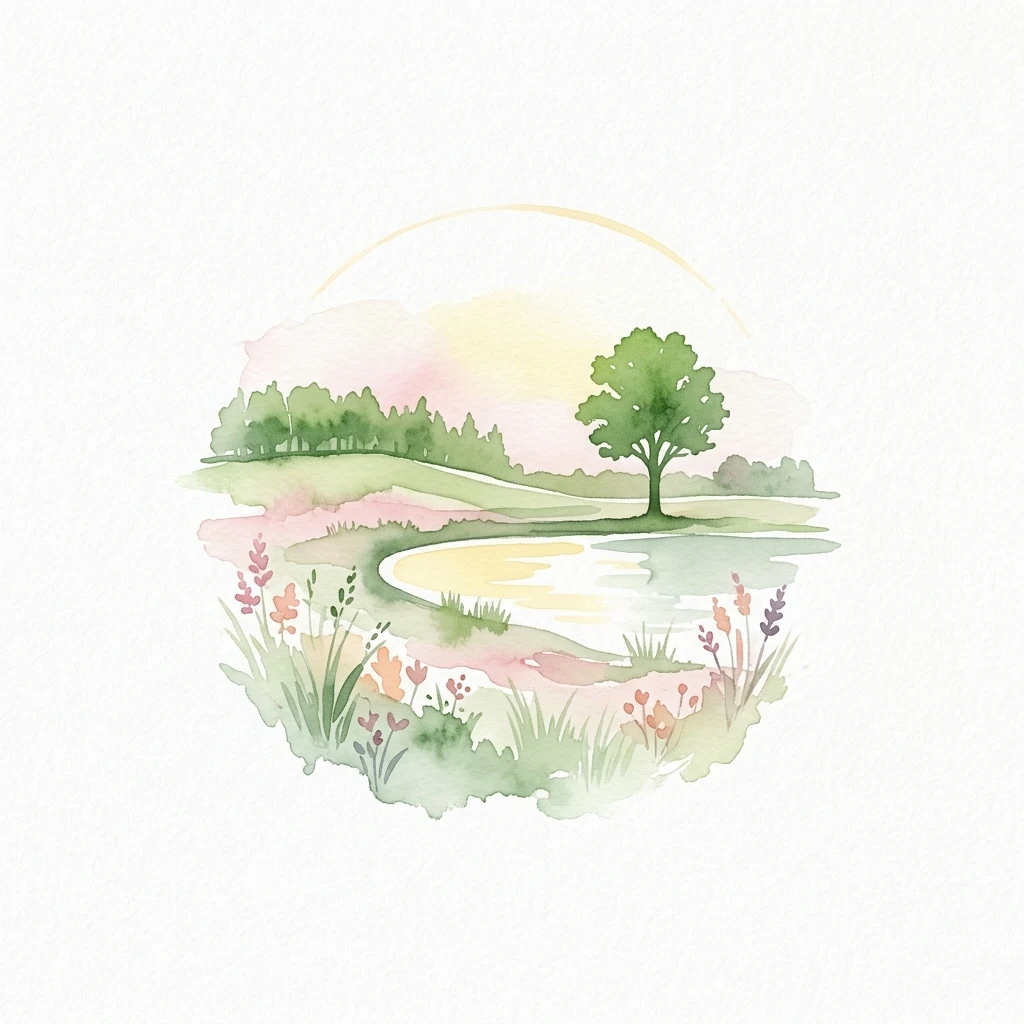 Watercolor illustration of a tree, flowers, a winding path, and a body of water with a soft sky background