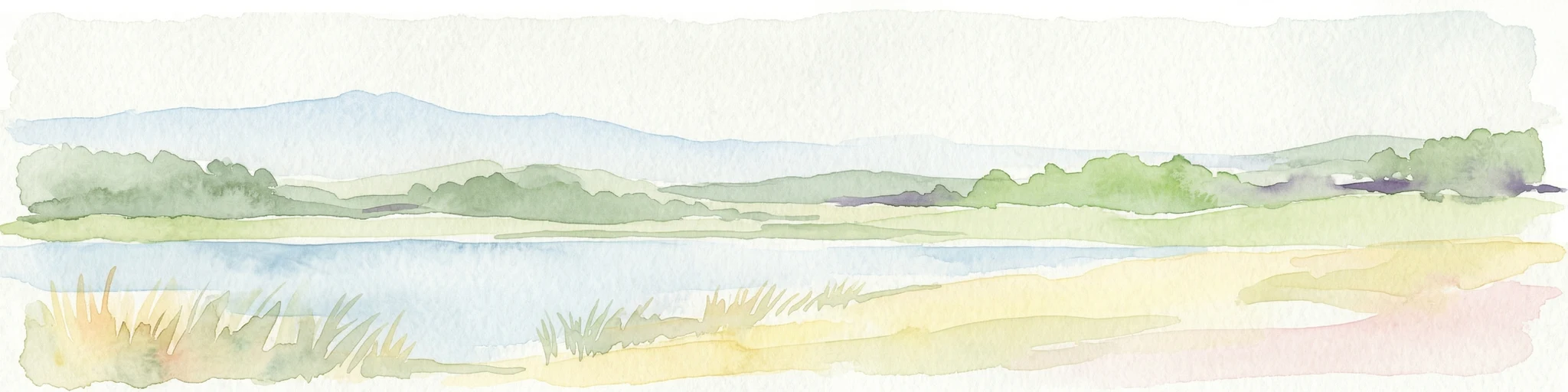 Pintura de acuarela de un lago, orilla cubierta de hierba, colinas distantes y árboles