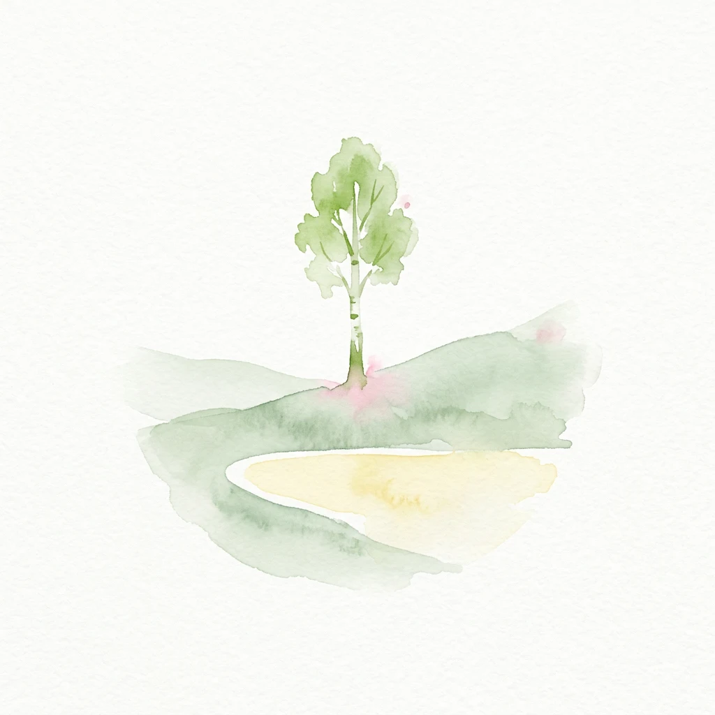 Watercolor illustration showing a single tree on a small hill with a body of water below