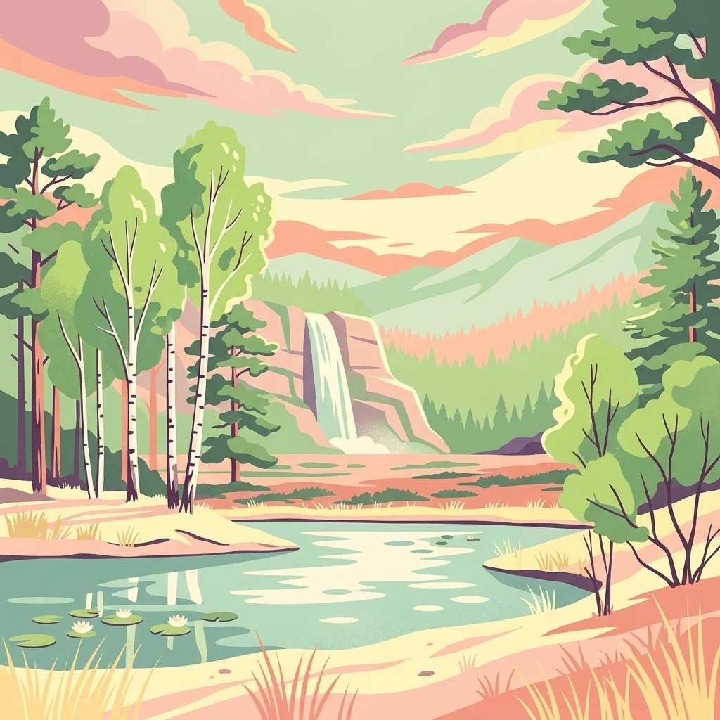 Ilustración estilizada de un paisaje forestal con una cascada, un lago, árboles y montañas bajo un cielo colorido
