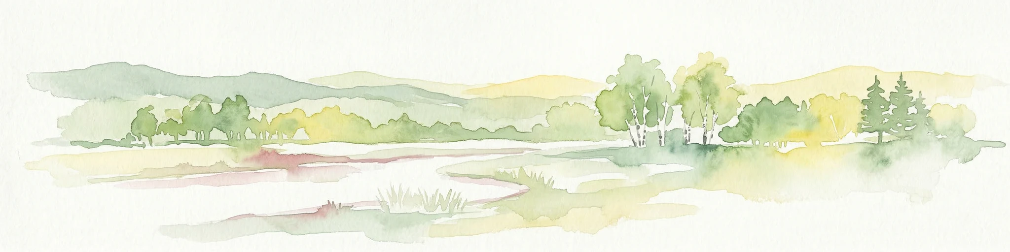 Pintura de acuarela de un paisaje con un arroyo, árboles y colinas onduladas