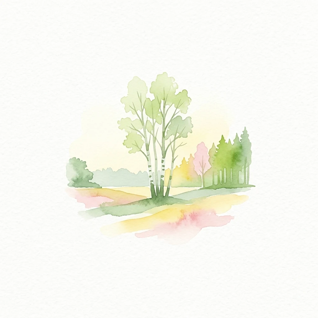 Watercolor illustration showing a landscape with birch trees, other trees, and colorful fields in shades of green, yellow, and pink.