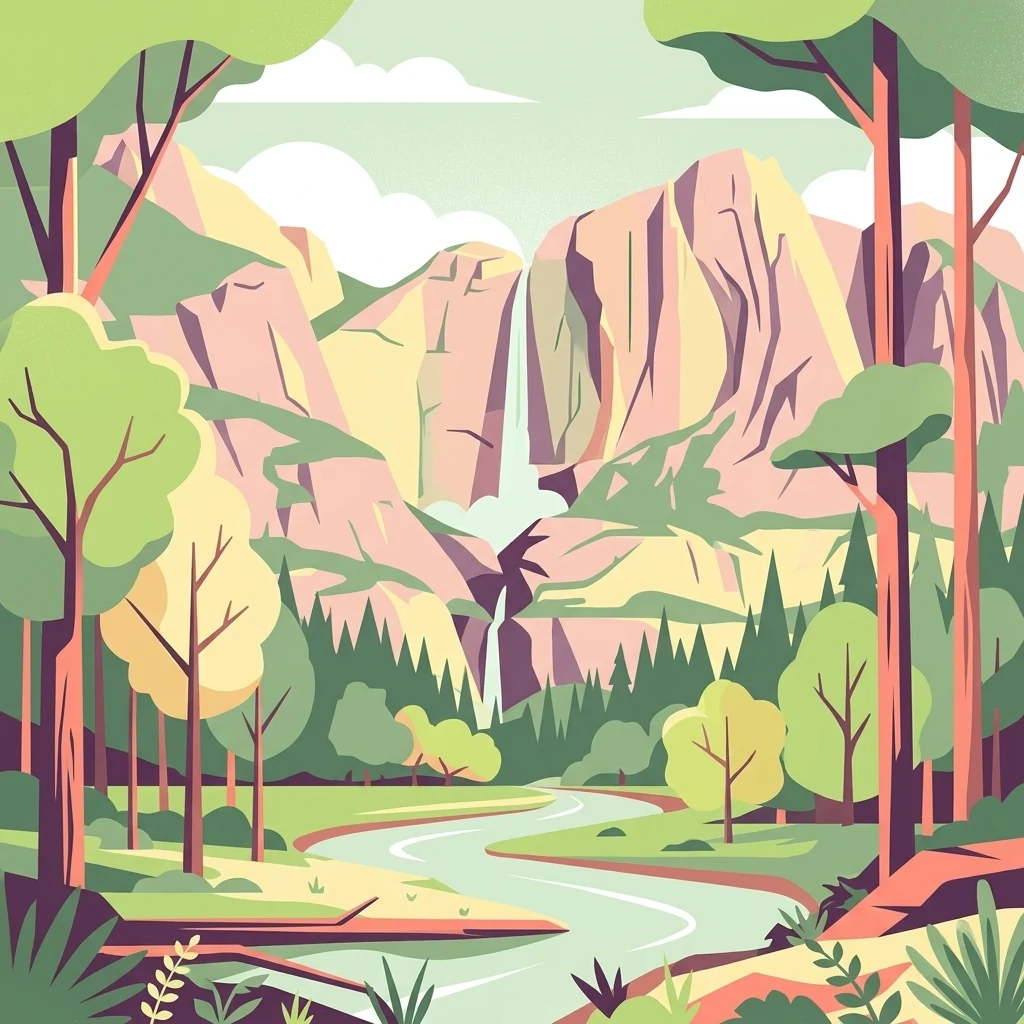 Una ilustración plana y estilizada de un paisaje montañoso con una cascada alta, un río serpenteante en primer plano y vegetación forestal circundante.