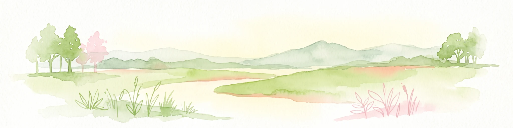 Watercolor painting of a tranquil, light-toned landscape featuring trees, grassy plains, a small stream, and rolling hills in the background.