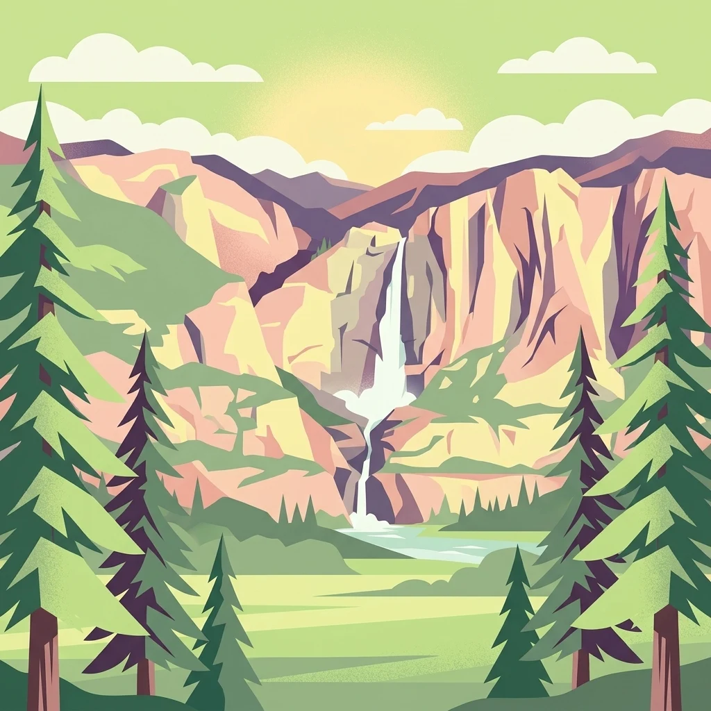 Una ilustración vectorial estilizada que muestra una cascada cayendo por acantilados rocosos hacia un valle, enmarcada por altos pinos verdes en primer plano bajo un cielo soleado con nubes.
