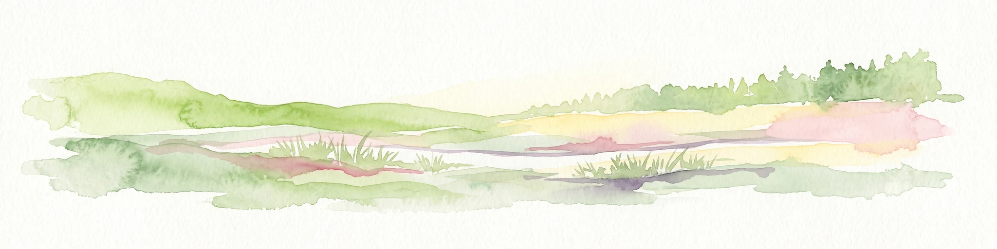 Una amplia ilustración en acuarela que muestra un río fluyendo a través de un paisaje herboso con una hilera de árboles en el fondo, representada en tonos suaves de verde, rosa y morado.