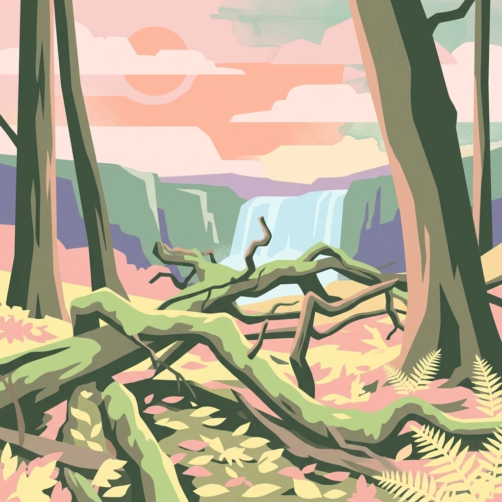 Una ilustración digital de estilo plano que muestra el suelo de un bosque con un árbol caído, helechos y hojas dispersas en primer plano, con una cascada y acantilados lejanos visibles bajo un cielo al atardecer al fondo.