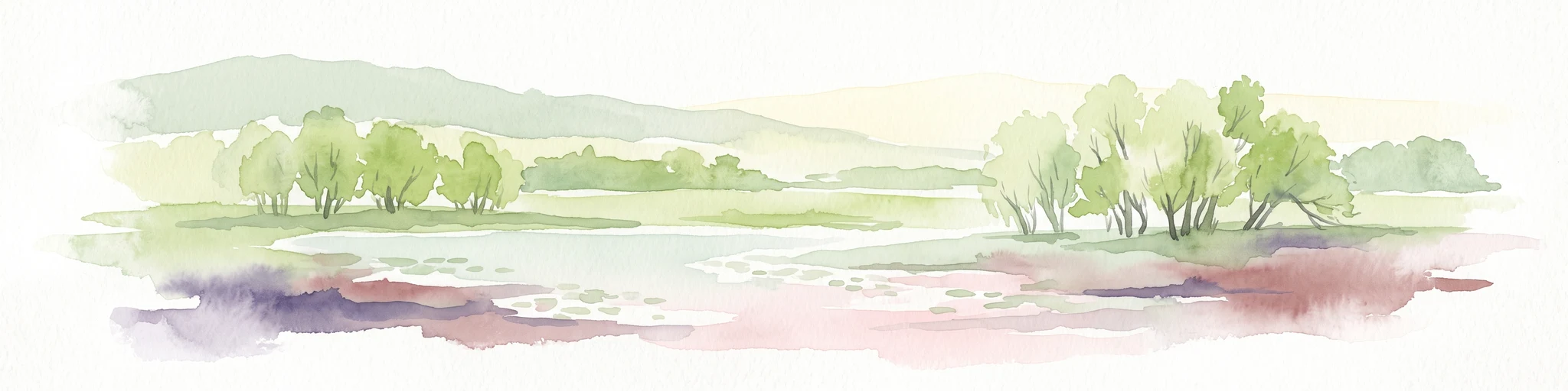 A soft watercolor painting of a serene wetland landscape with scattered deciduous trees, low grassy banks, and calm water, rendered in light green and muted earth tones against a white background.
