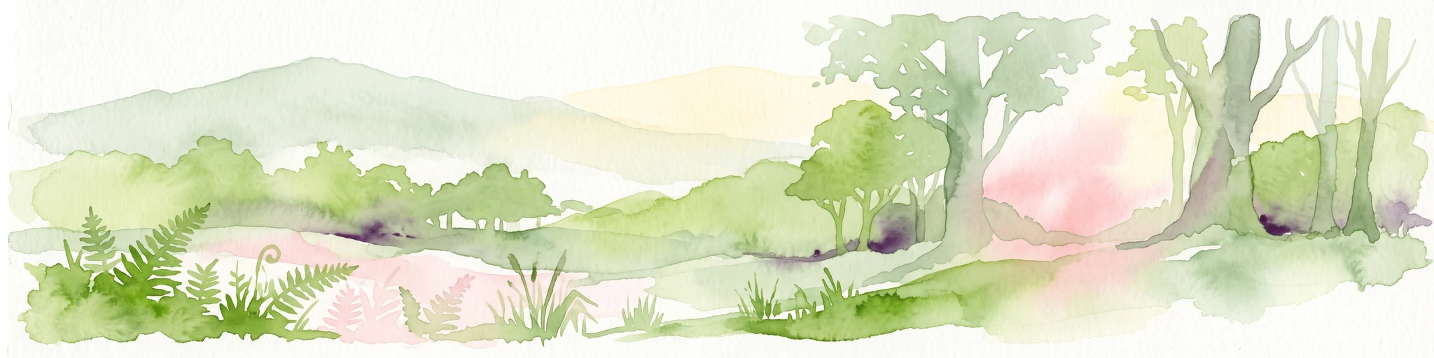 A watercolor painting showing a soft, stylized forest landscape with gentle rolling hills in the background, leafy trees in the midground, and ferns and grasses in the foreground.