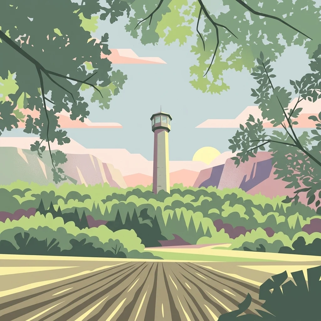 A stylized vector illustration showing a tall observation tower rising above a dense forest, framed by tree branches in the foreground and a sunrise in the background.