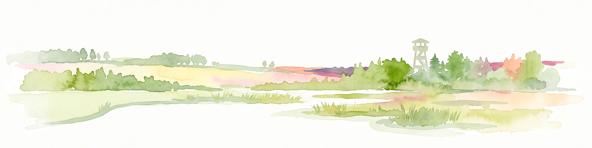 A watercolor painting showing a soft landscape with green fields, a cluster of trees, and a small lookout tower against a plain white background.