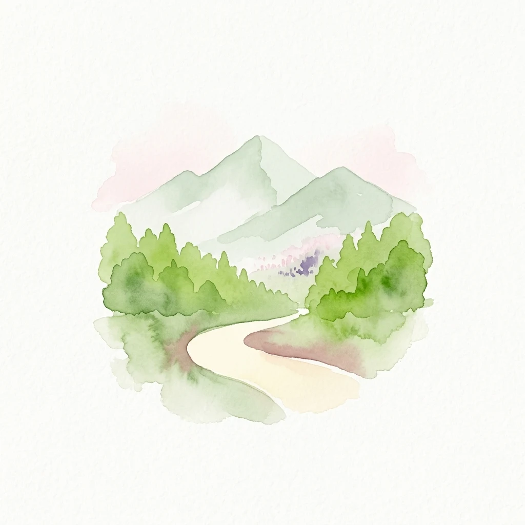 Watercolor illustration showing a winding path through green forest with mountains in the background