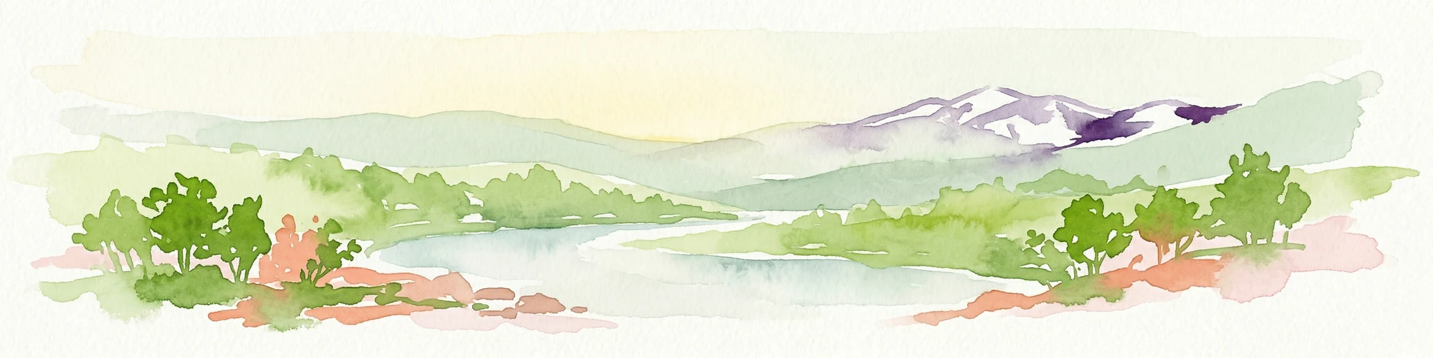 Ilustración de acuarela que muestra un río fluyendo a través de un valle con colinas verdes, árboles y montañas nevadas al fondo