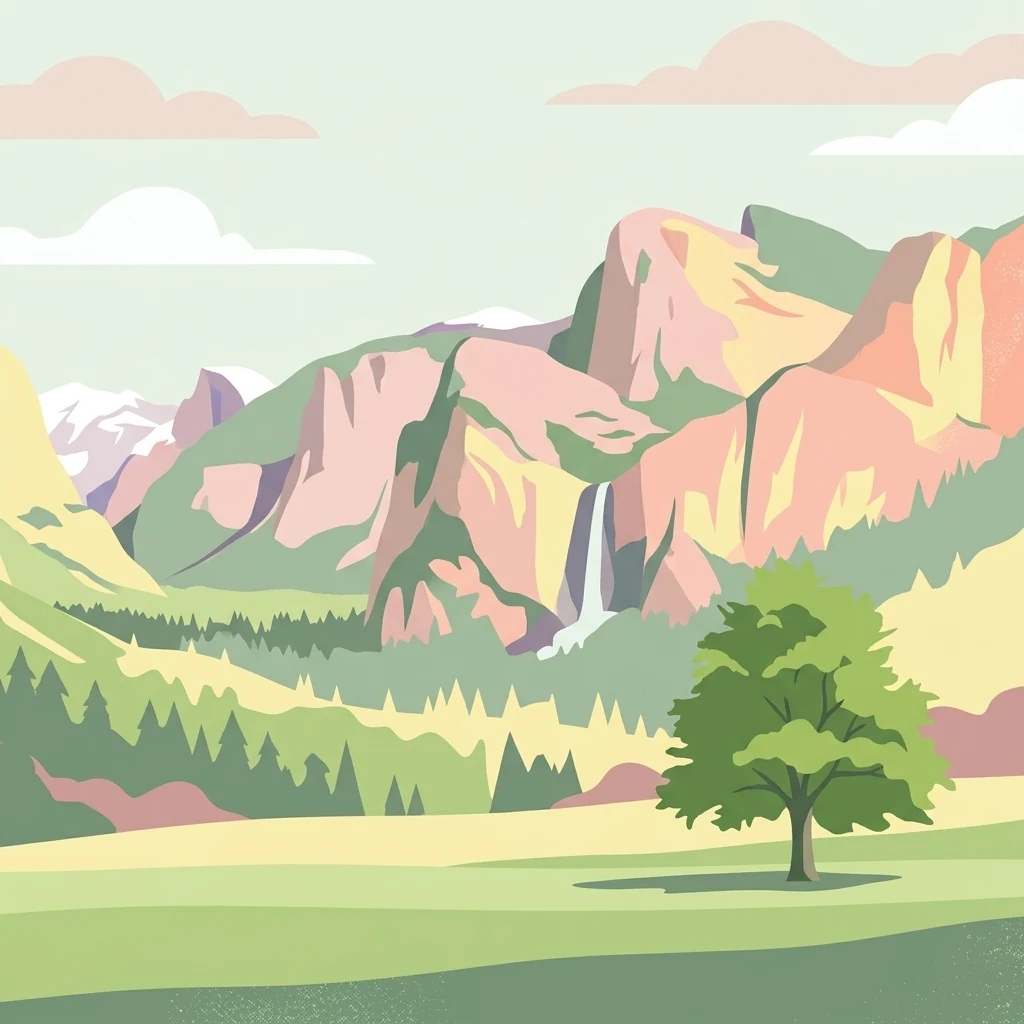 A minimalist, flat-style illustration of a green valley with a single tree in the foreground, backed by tiered mountains and a waterfall.