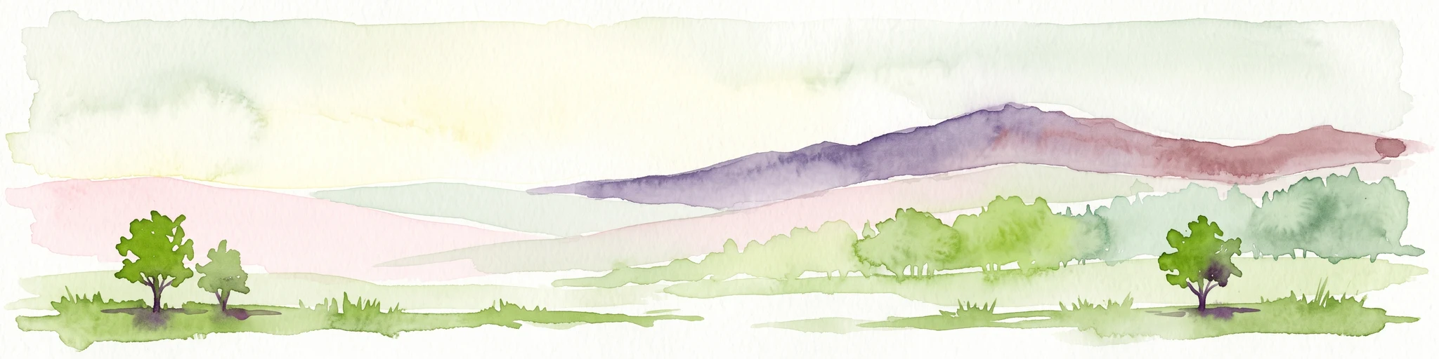 A horizontal watercolor painting depicting a soft-focus valley scene with rolling hills, scattered green trees, and a light sky.