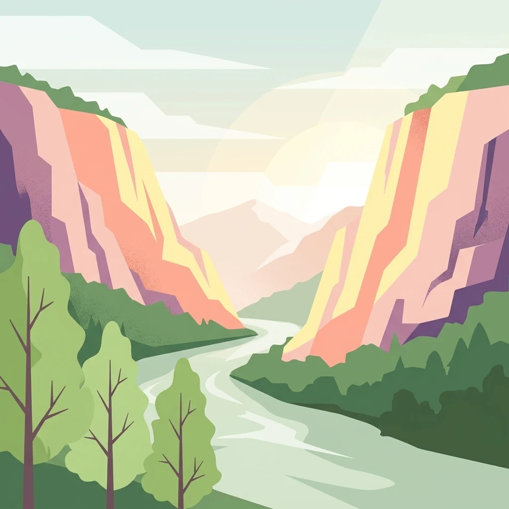 A graphic illustration of a river flowing through a narrow mountain pass, surrounded by green trees and towering canyon walls under a soft, pale sky.