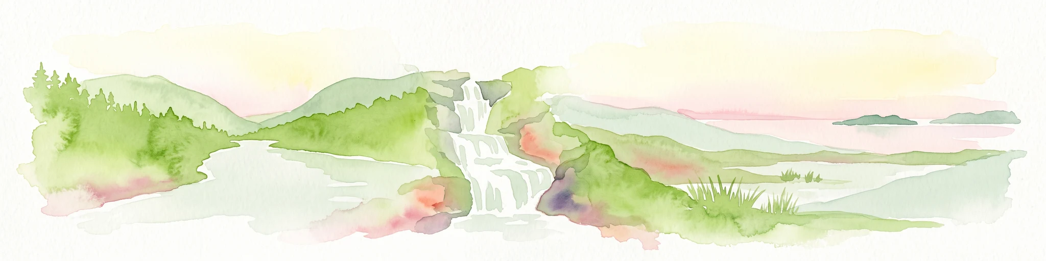 Ilustración en acuarela que representa una cascada escalonada entre colinas verdes onduladas y una masa de agua tranquila.
