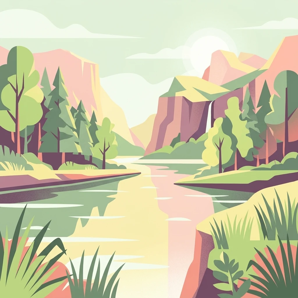 A flat-design digital illustration showing a calm river winding through a valley with pine trees, grassy banks, and a small waterfall on a distant cliff.