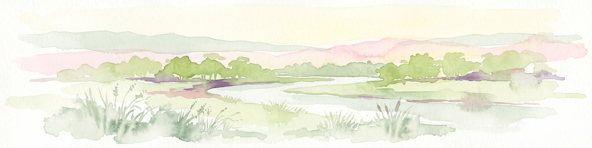 Una pintura horizontal en acuarela que muestra un río serpenteante fluyendo a través de un paisaje pantanoso y exuberante con colinas distantes al fondo.