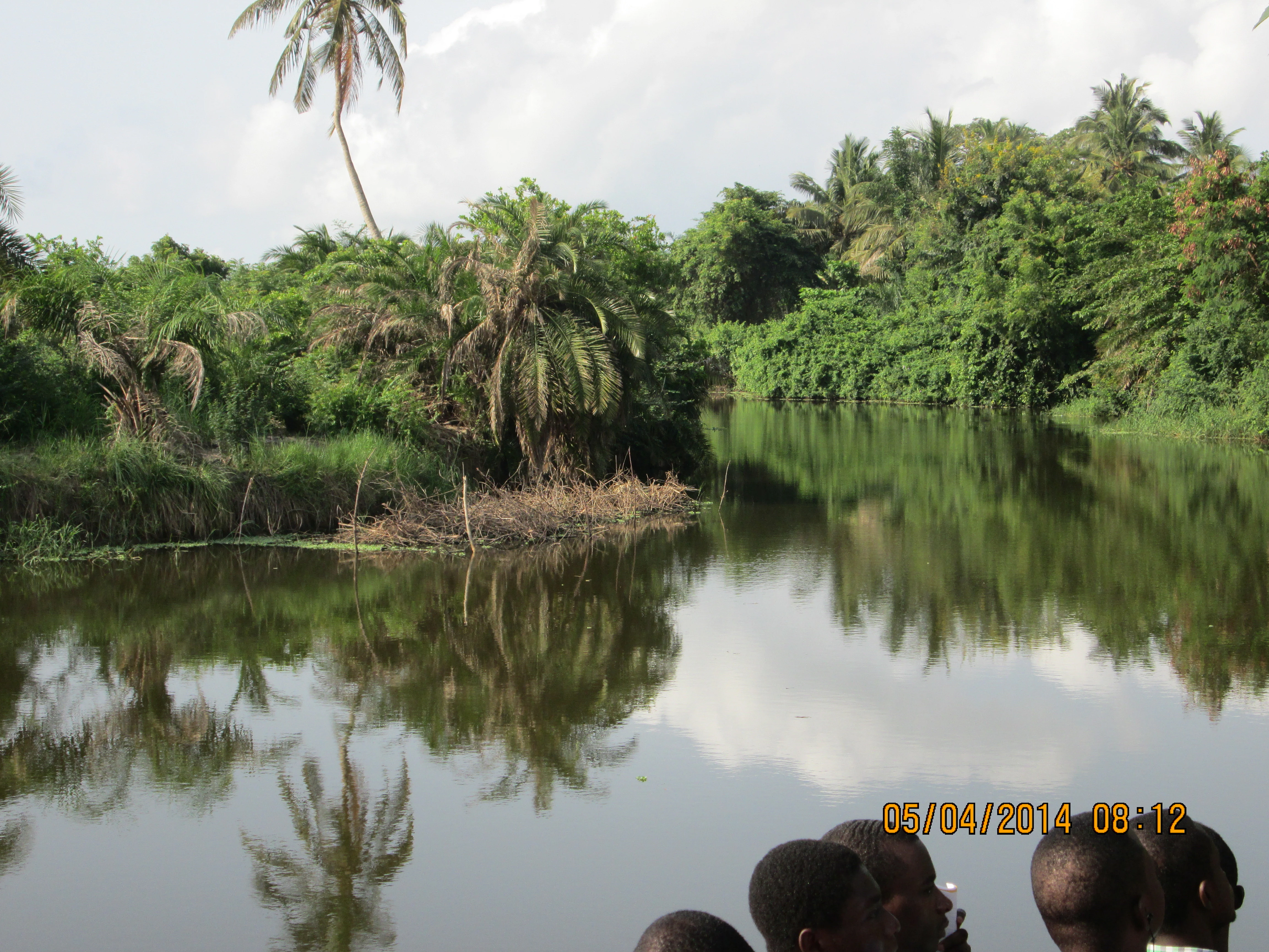 A view across a calm river channel lined with dense tropical vegetation, including palm trees, reflecting in the water, with the heads of several people visible at the bottom of the frame.
