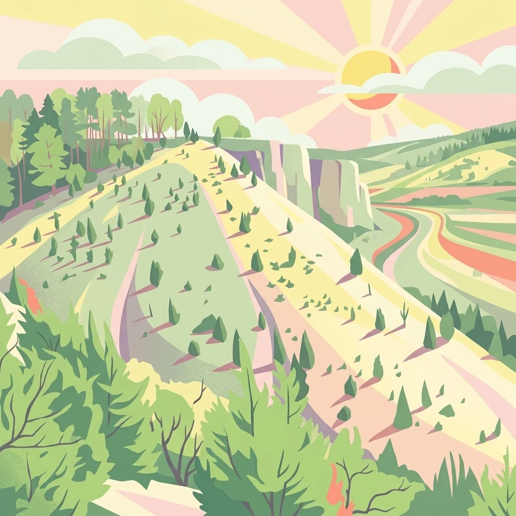 Una ilustración digital estilizada de colores planos de una ladera verde con árboles dispersos, una cresta rocosa y un valle bajo un sol brillante, característica del paisaje de Der Bunte Berg.