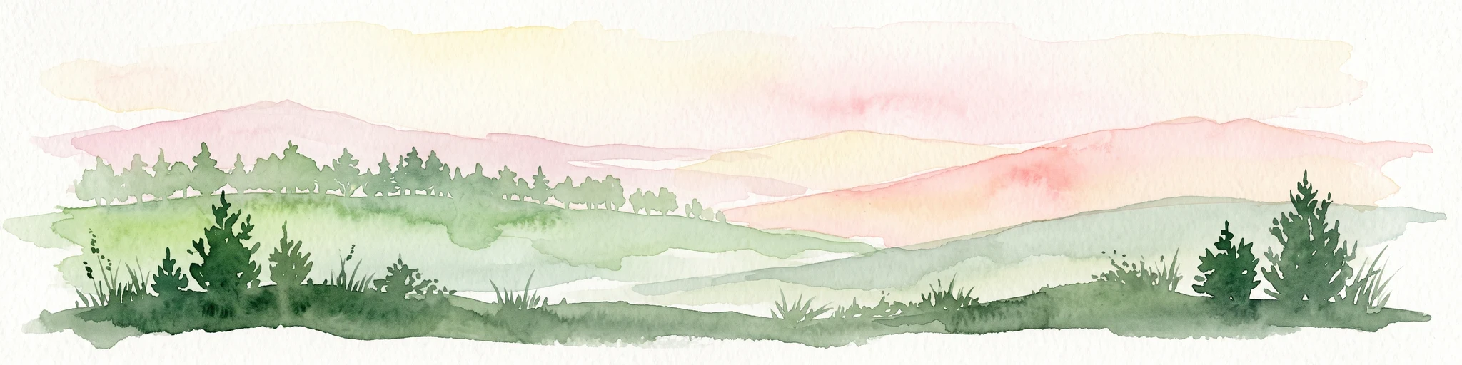 A soft watercolor illustration showing rolling green hills, small groups of conifer trees, and a pale pink and peach sky in the background.
