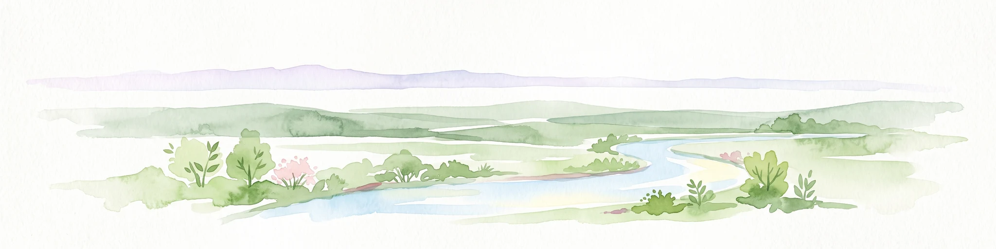 A watercolor painting showing a gentle, winding blue river flowing through a lush green landscape with soft hills in the distance.