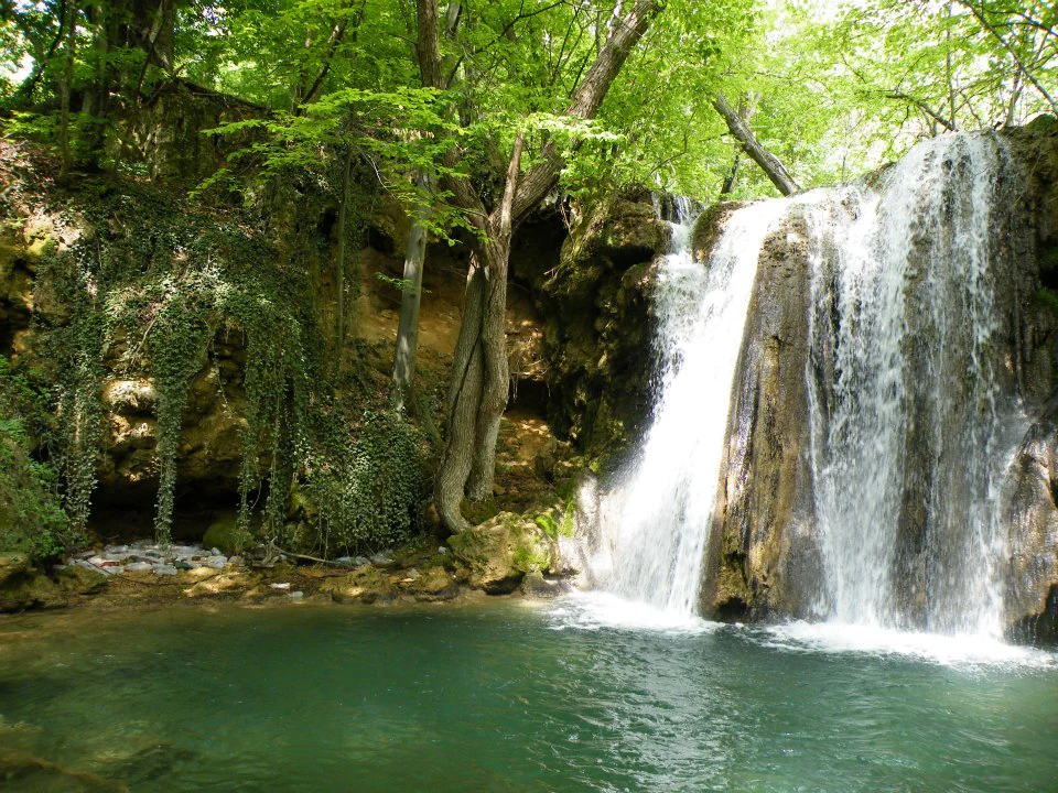 Waterfall cascading into a turquoise pool surrounded by lush green trees and rocky cliffs