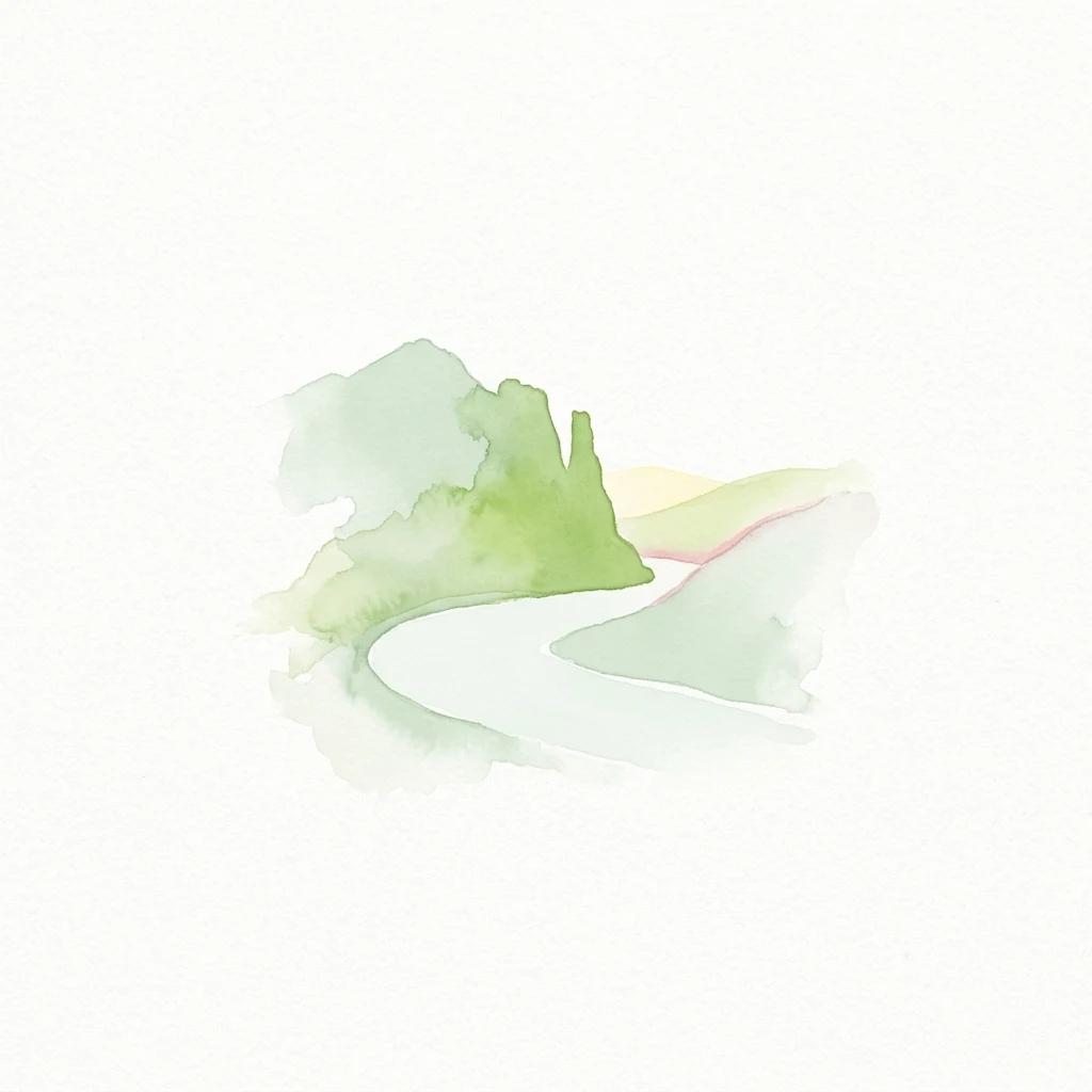 Watercolor illustration of a winding river flowing through green hills and mountains