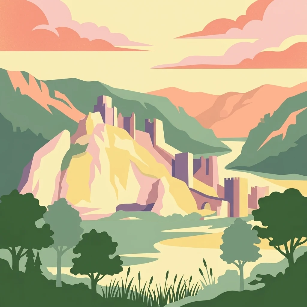 Ilustración estilizada de un castillo en una colina junto a un río con montañas y árboles
