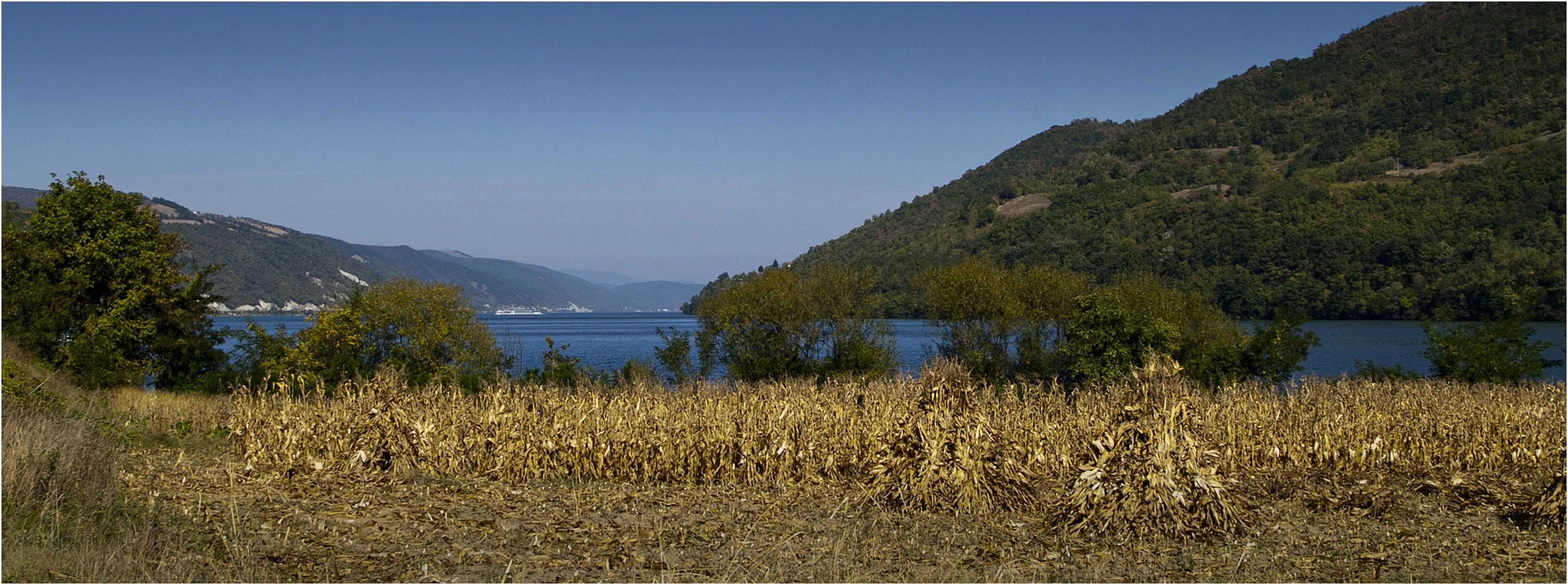 Wide landscape view of Porečki Bay featuring a dry crop field, trees, a body of water, and forested hills under a clear blue sky