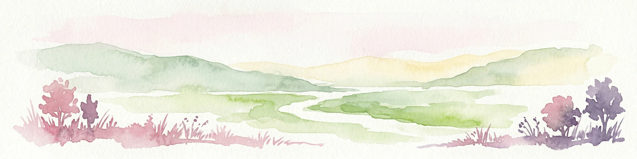 Ilustración acuarela de un río que fluye a través de un valle con colinas onduladas y árboles