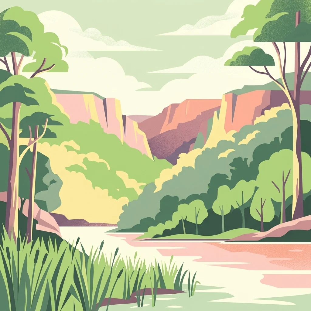 Ilustración estilizada de un río que fluye a través de un valle con acantilados y árboles bajo un cielo parcialmente nublado
