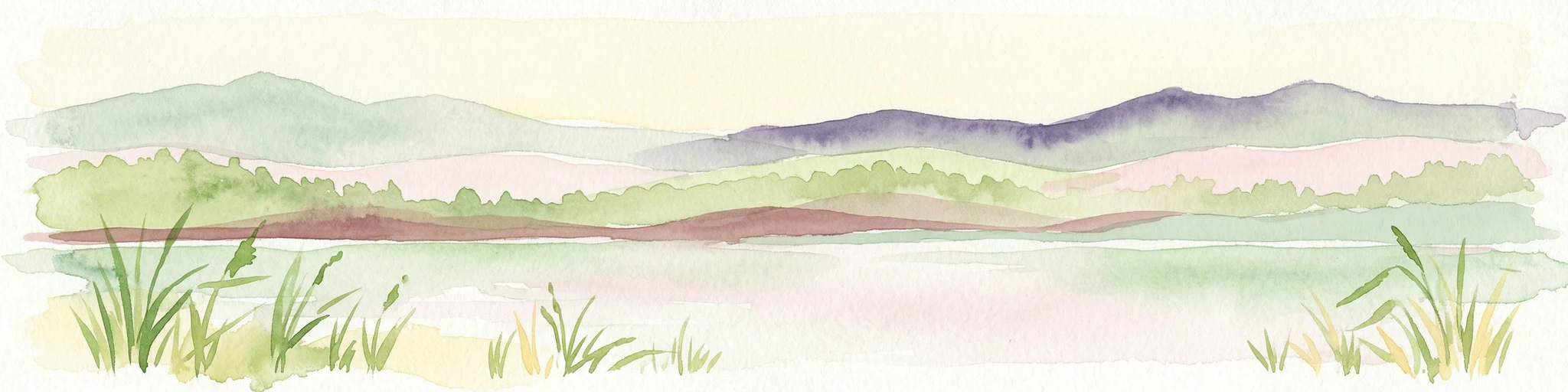 Watercolor illustration depicting a landscape with hills in the background, green vegetation in the foreground, and a body of water in the middle ground