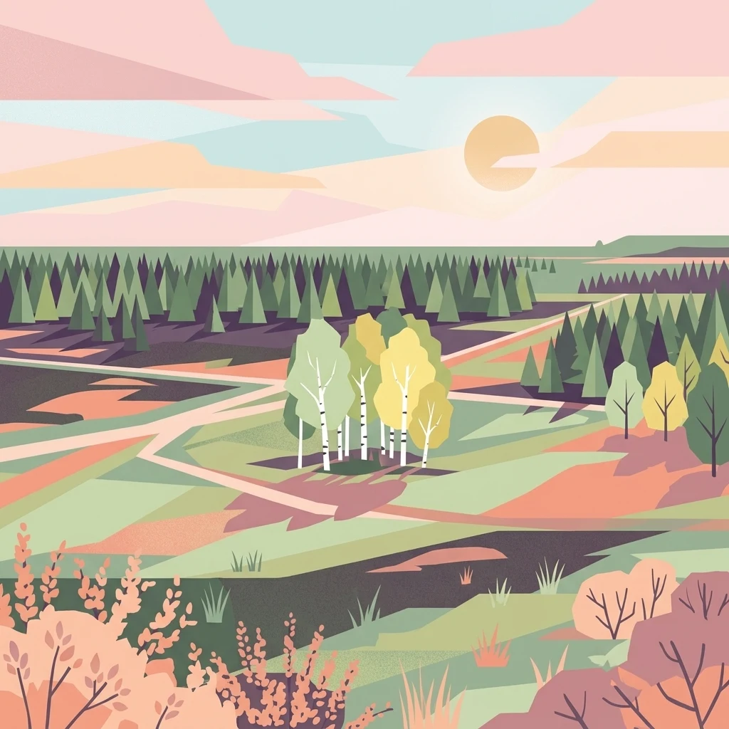 A minimalist, flat-design illustration showing a sweeping landscape with heath, patches of pine and birch forest, and winding trails under a sunset sky.